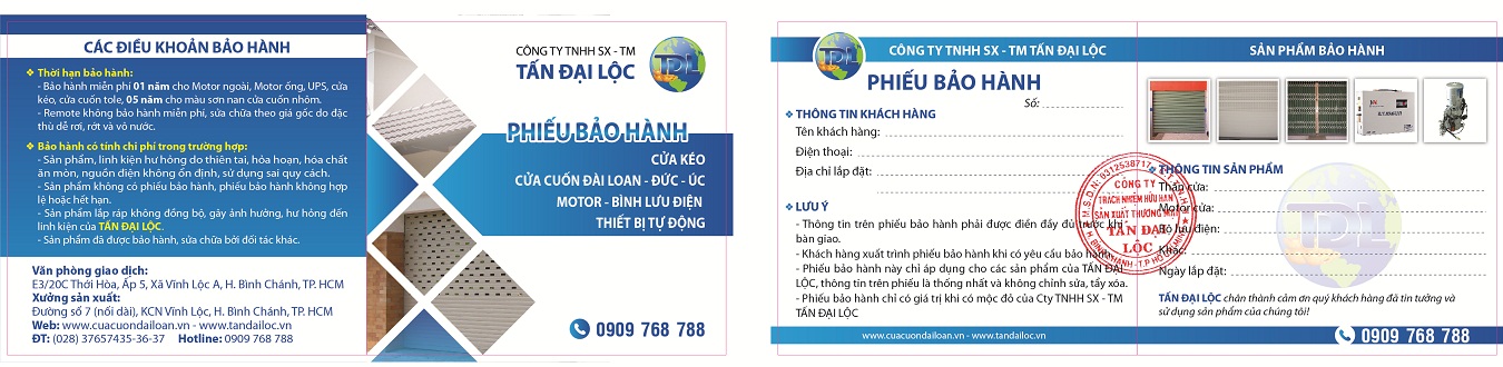 phiếu bảo hành cửa cuốn cửa kéo công ty Tấn đại Lộc